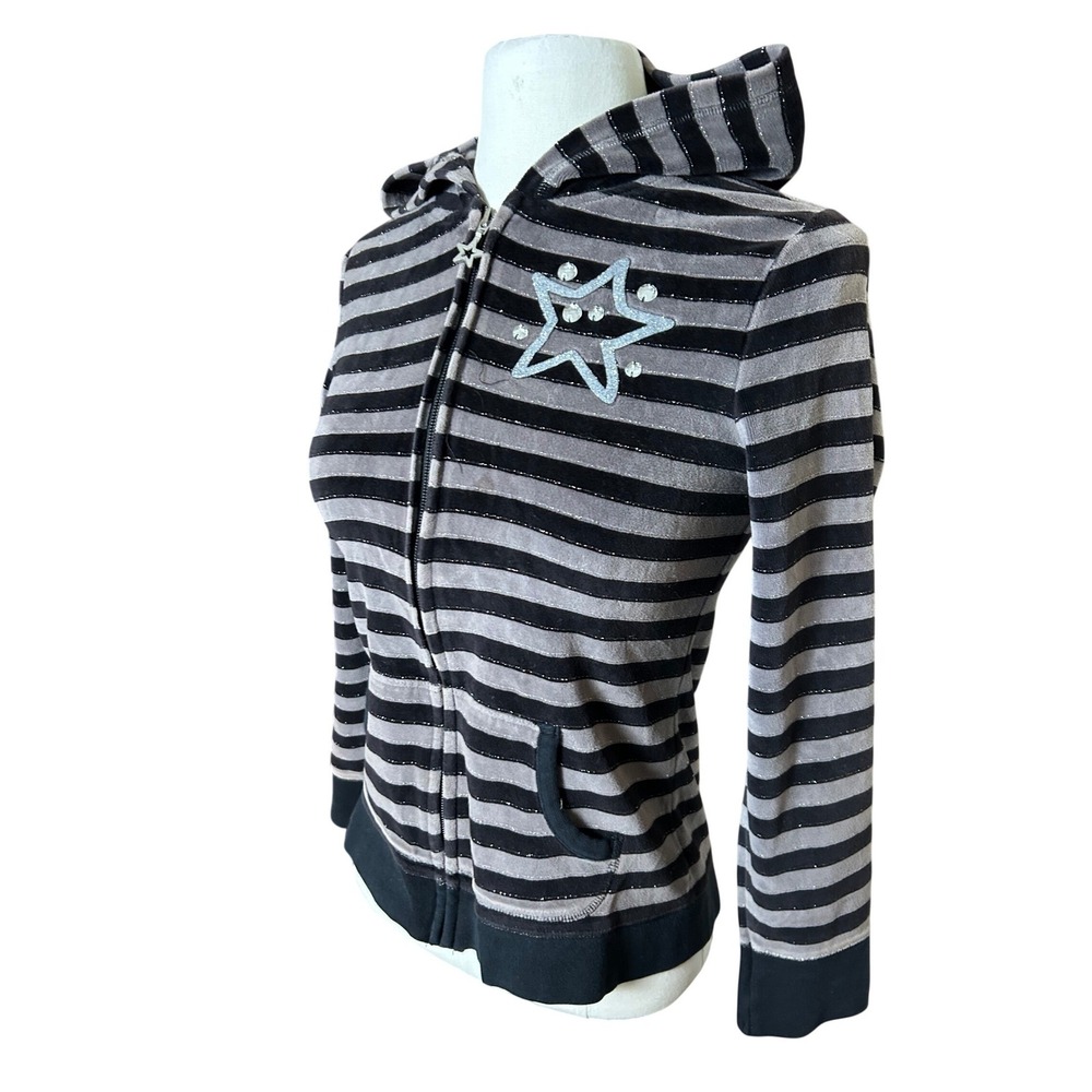 Y2K McBling Striped Grunge Justice Girls 2000s Emo Scene Zip Up Velour Hoodie